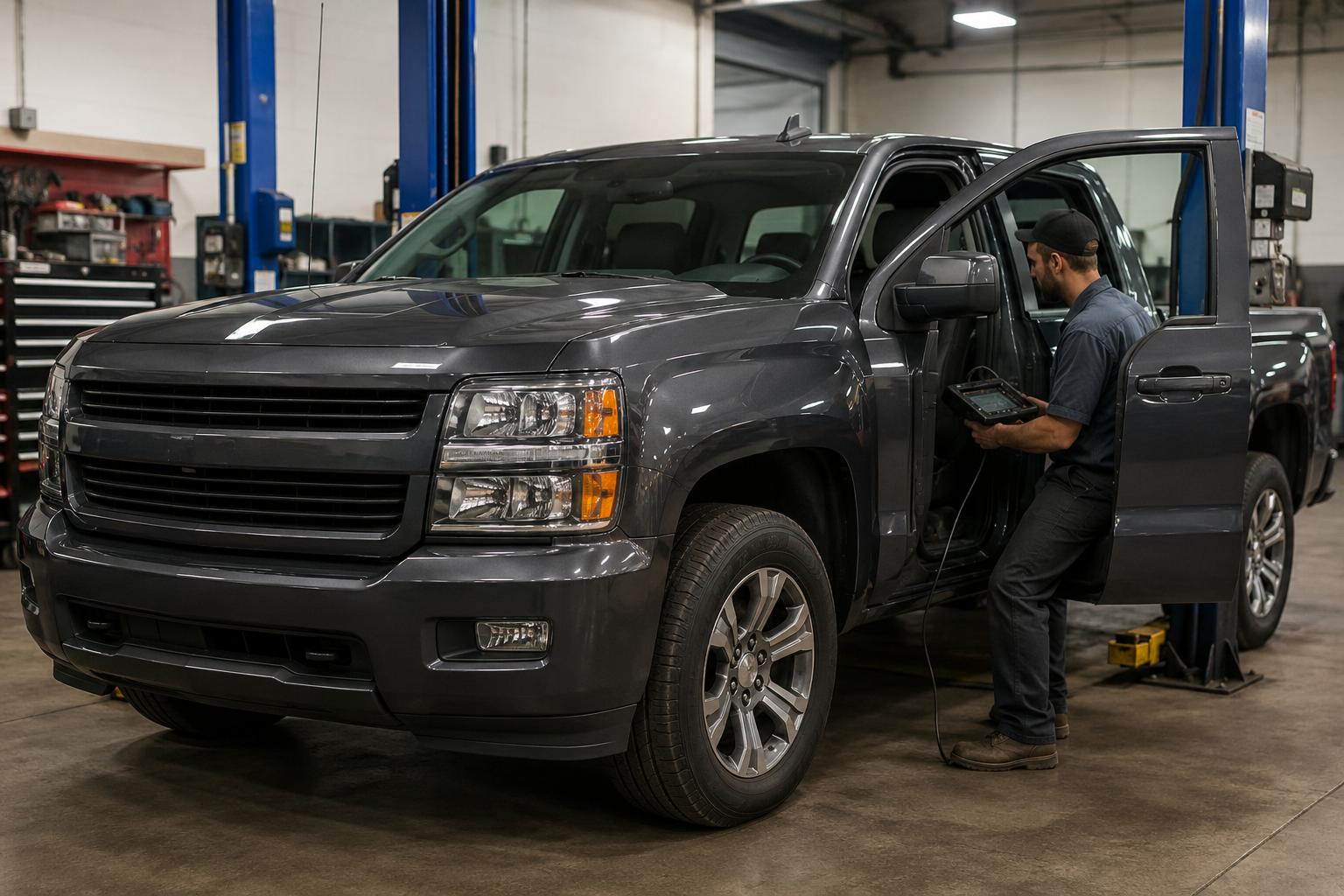 Pickup truck undergoing OBD diagnostic check